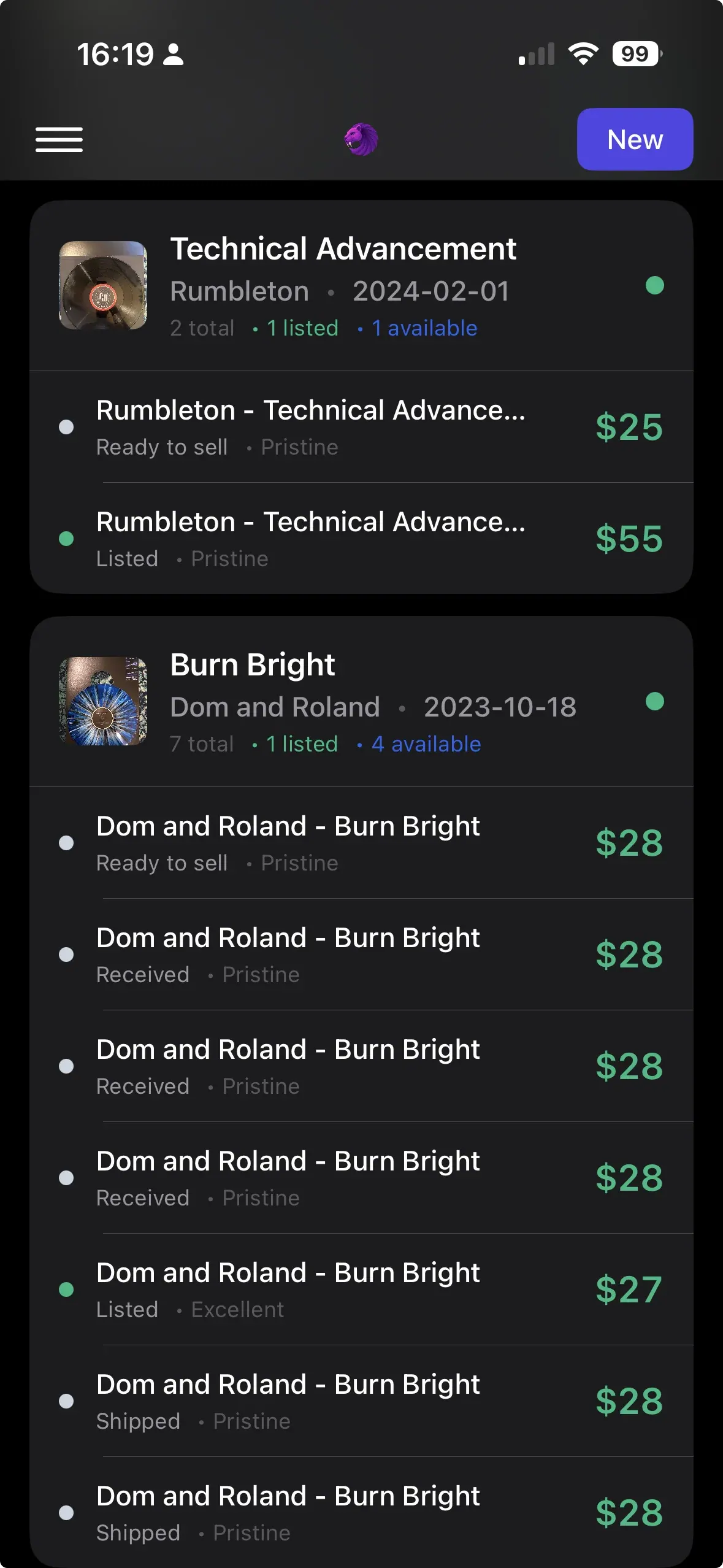 Instica catalogue on iPhone showing one release with seven copies listed beneath it, each copy carrying its own condition, price and state — Ready to sell, Received, Listed, Shipped