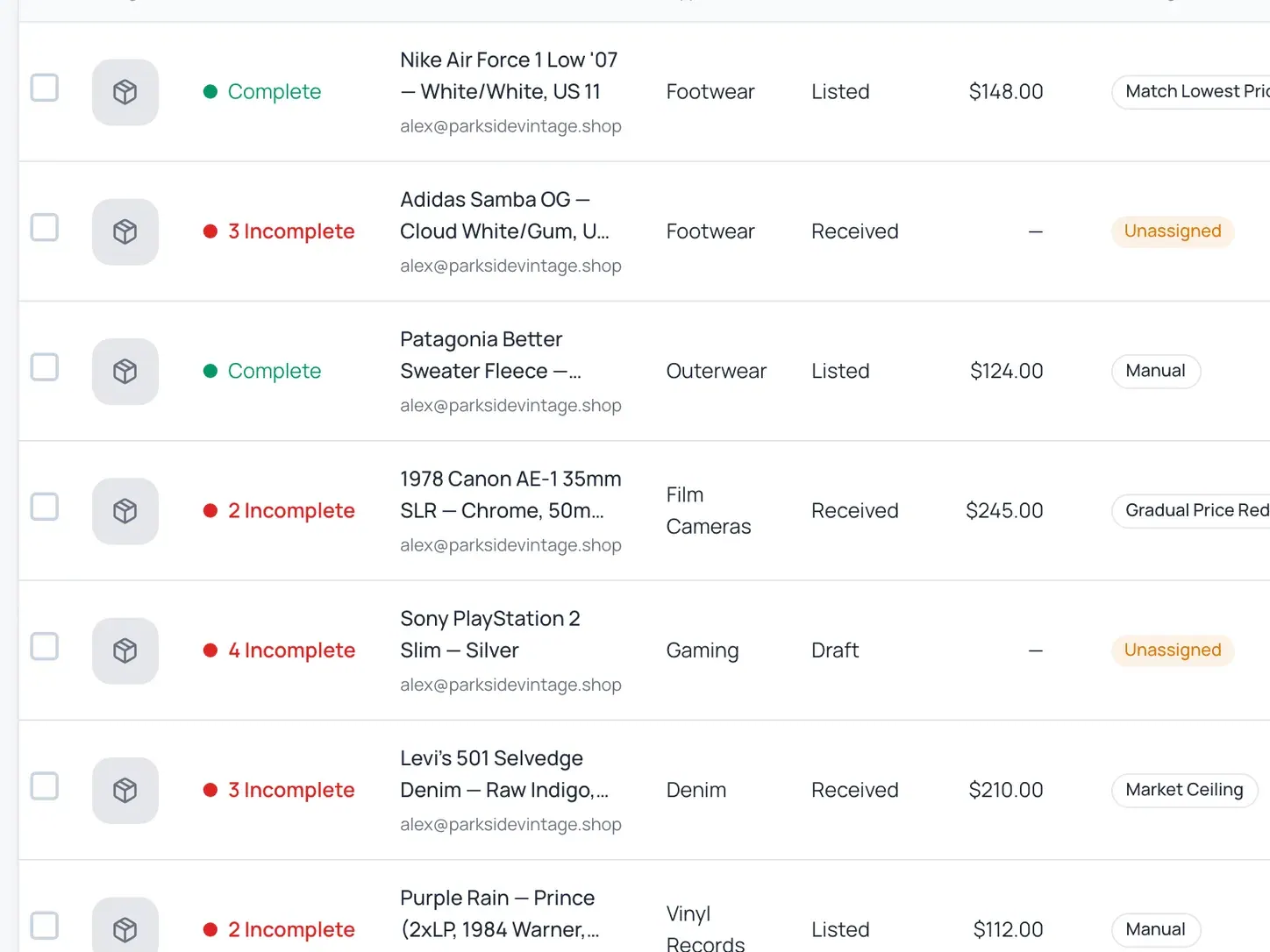Instica inventory list showing one record per item with per-channel sync status