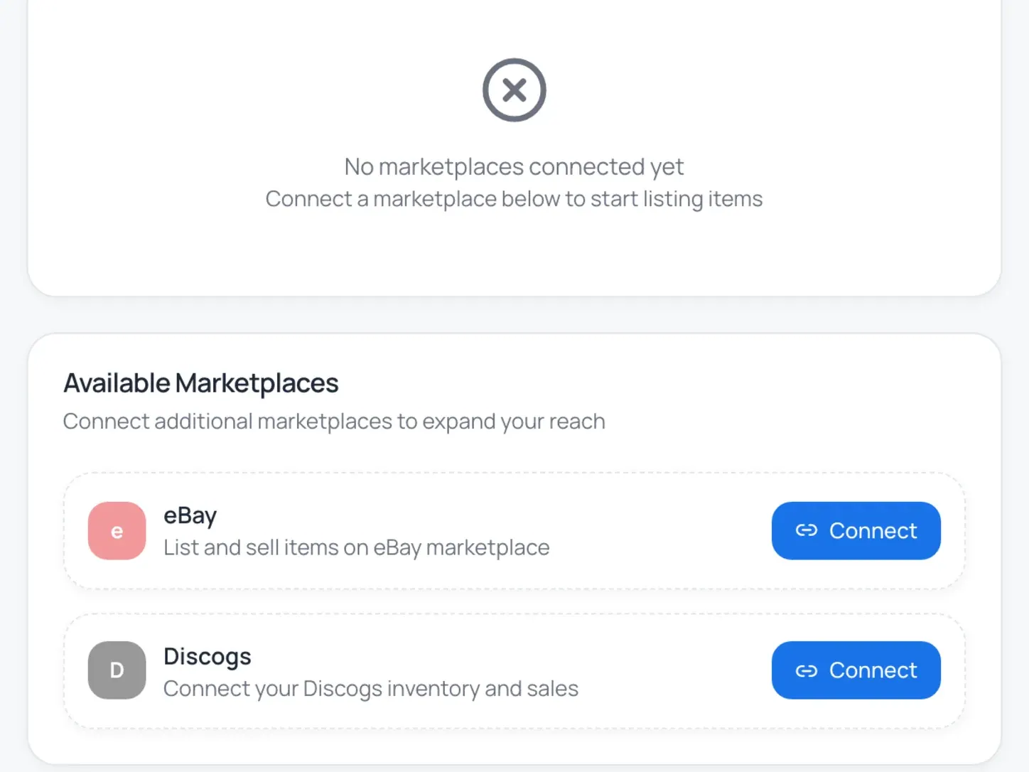 Instica marketplace connections — OAuth once per channel, eBay and Discogs