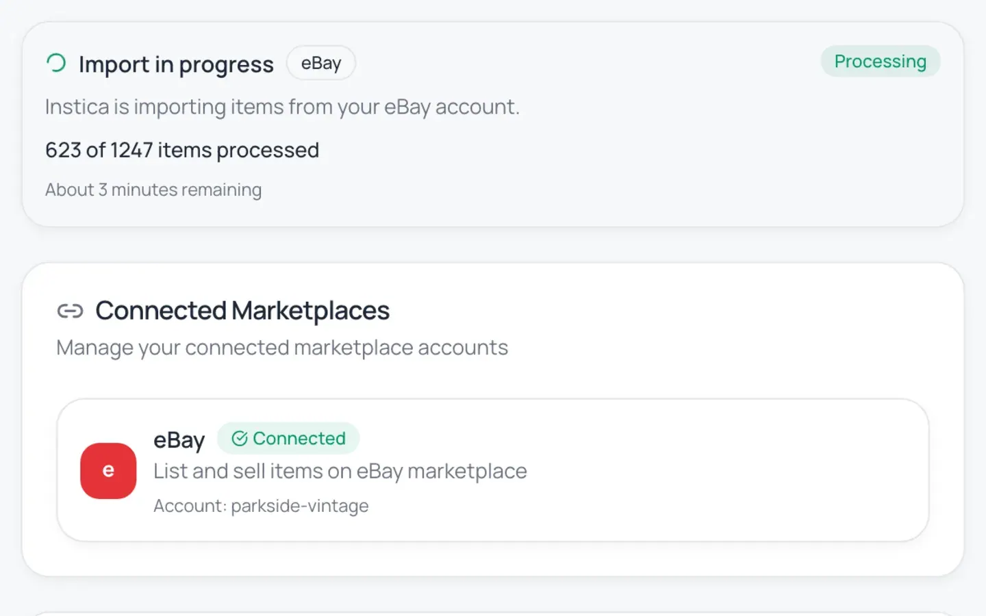 Instica import wizard showing items being queued and matched during setup