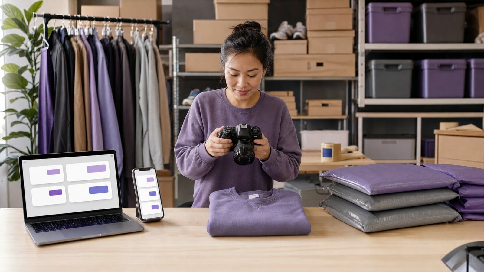 A reseller photographing a folded sweatshirt at a packing table beside a laptop, a phone, and stacked mailers