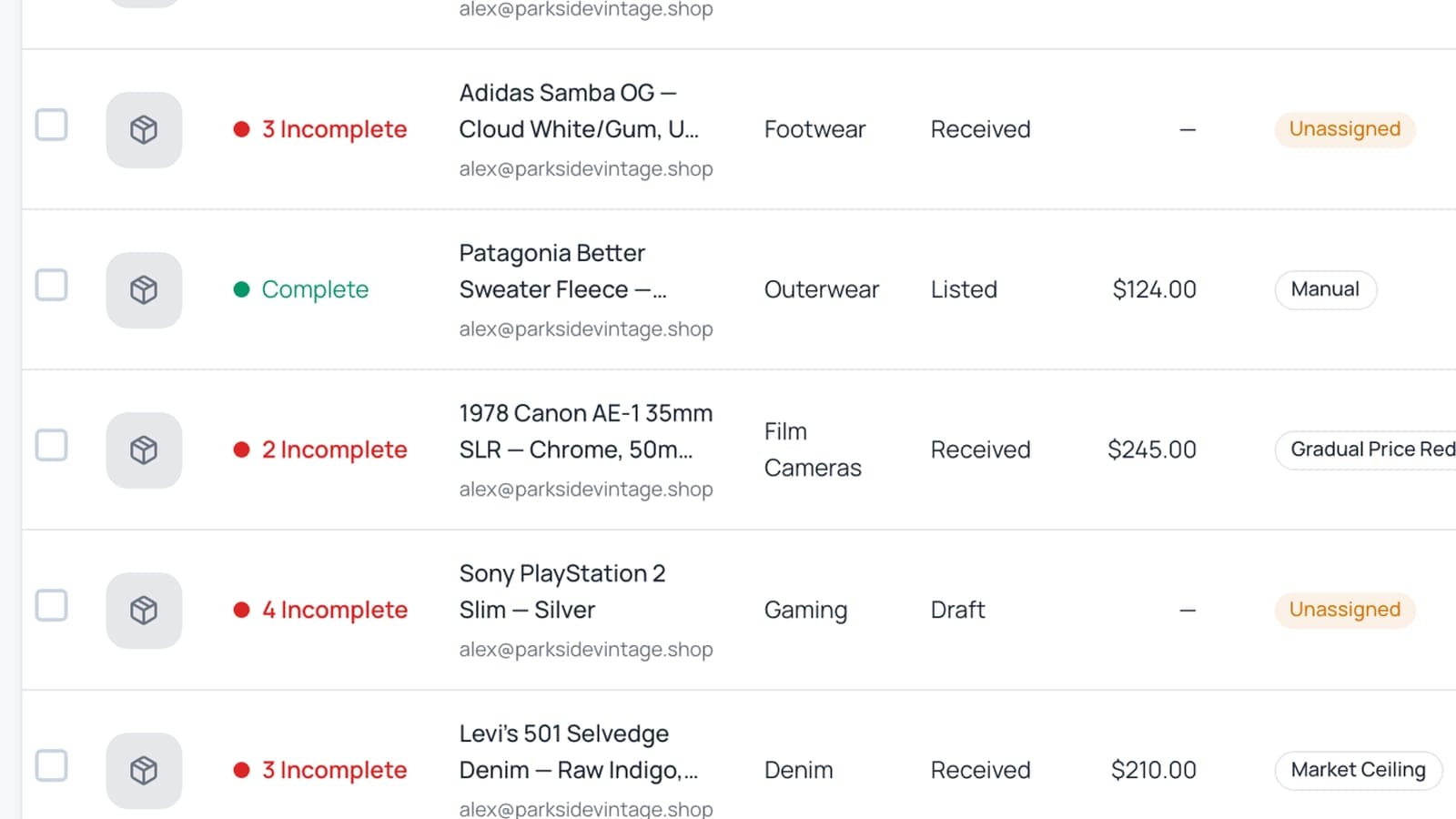 An inventory list showing each item's type, status, price, and how ready it is to be listed