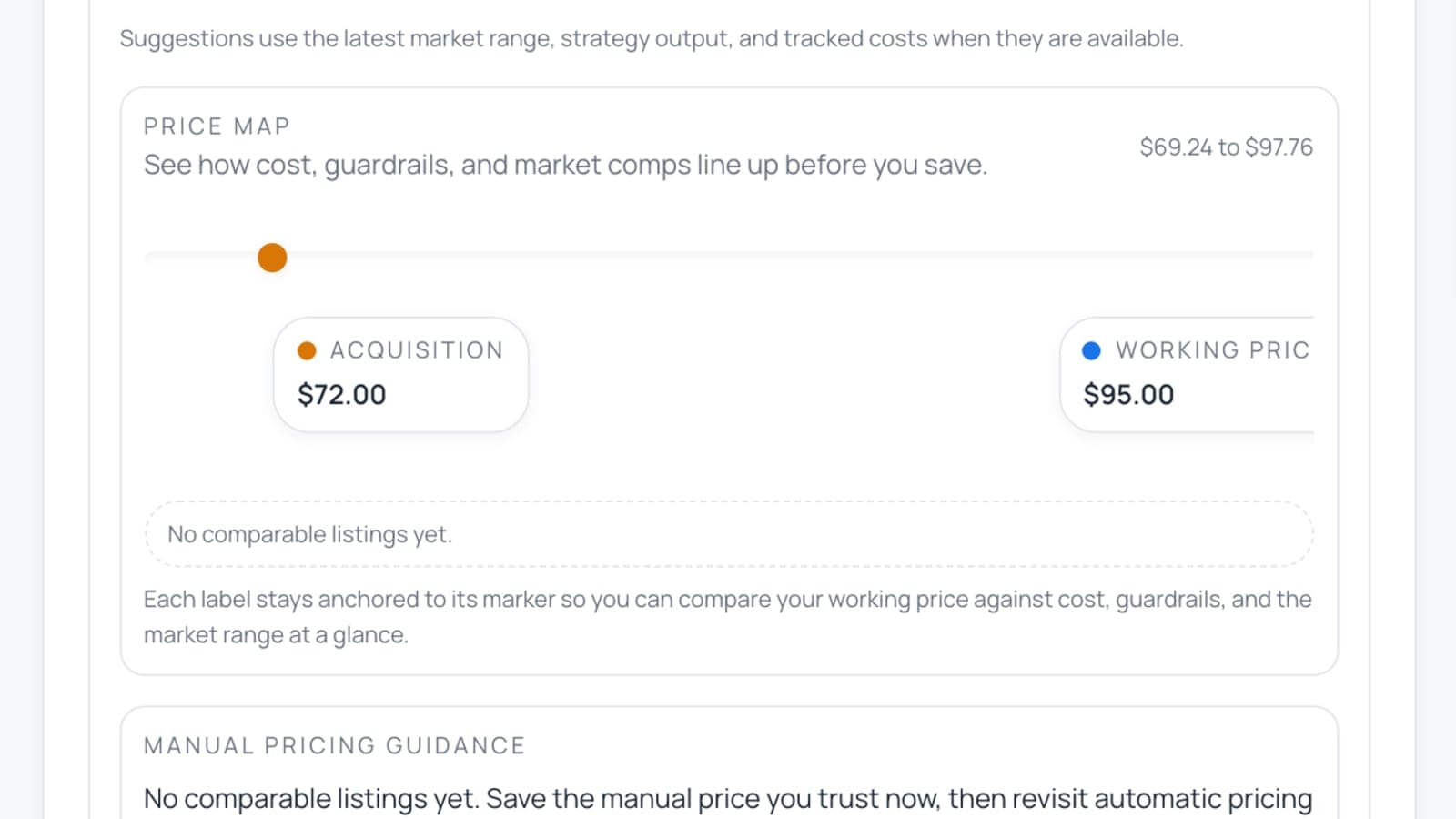 A pricing view comparing an item's acquisition cost against its current working price