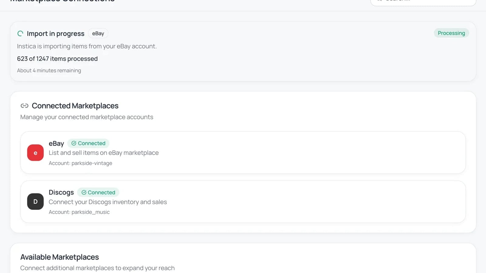 An import step pulling existing listings and products into a single inventory record