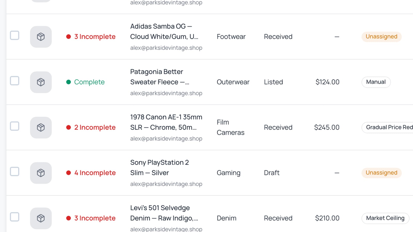 An inventory list showing each item's type, status, price, and how ready it is to be listed