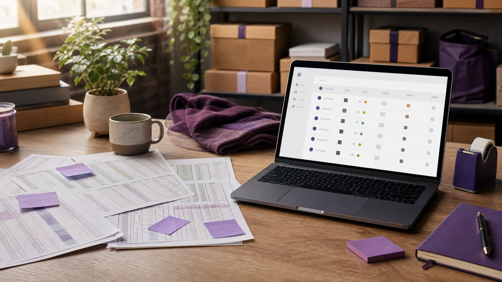 Printed inventory spreadsheets spread across a desk beside a laptop showing a structured inventory table