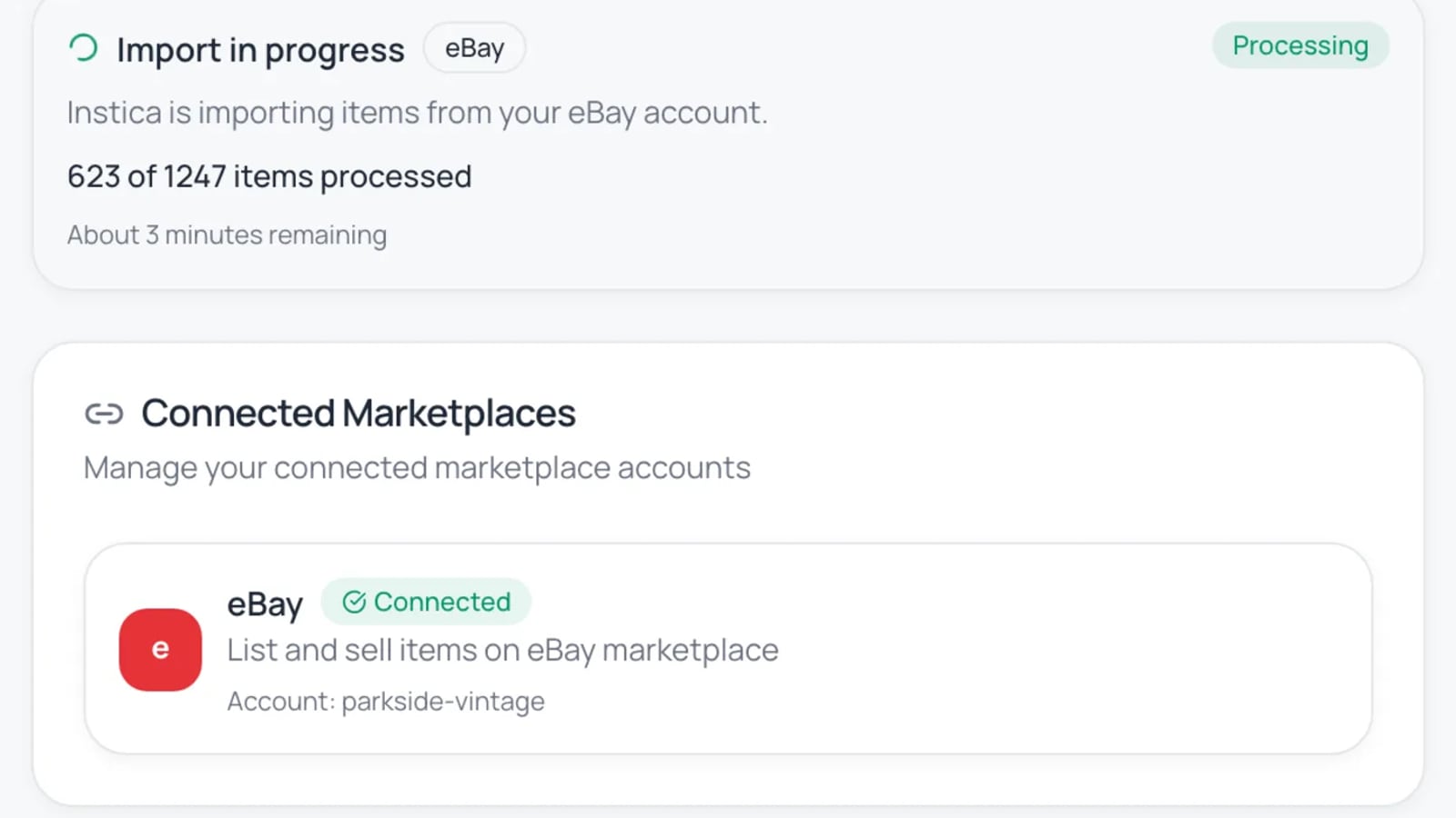 An import wizard bringing an existing catalog into one inventory record in a single pass