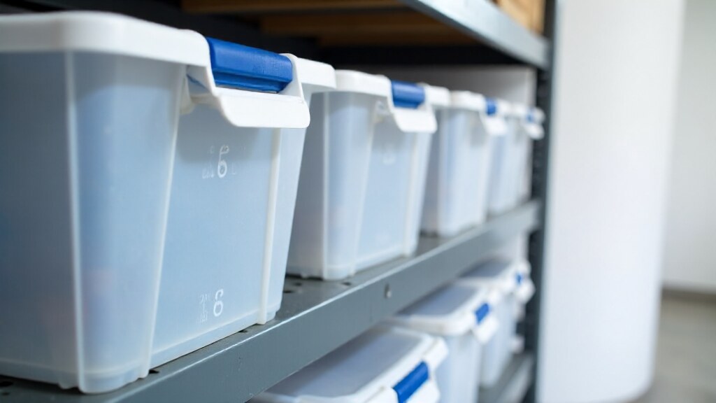 A neat storage area in a basement or garage with clear plastic bins labeled with