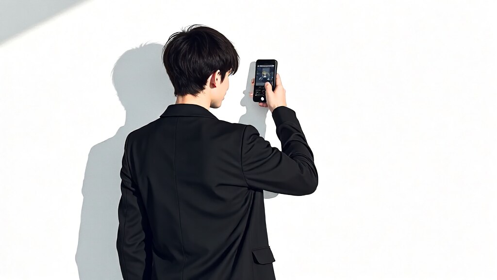 Someone photographing a vintage jacket hanging on a white wall with natural wind