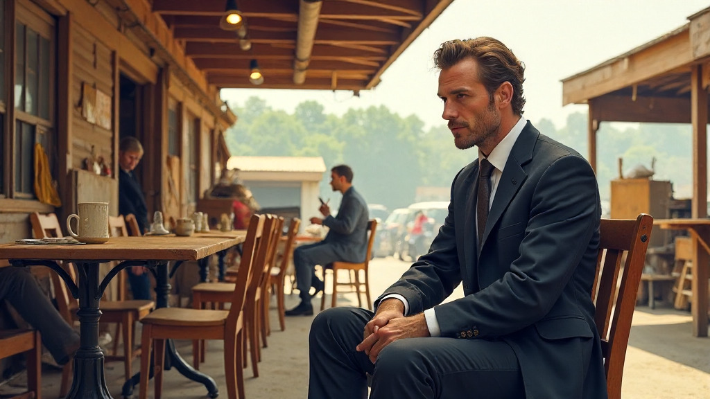 A garage sale scene with someone excitedly buying an armload of random items whi