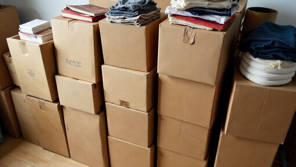 A stack of cardboard boxes overflowing with random items - electronics, clothes,