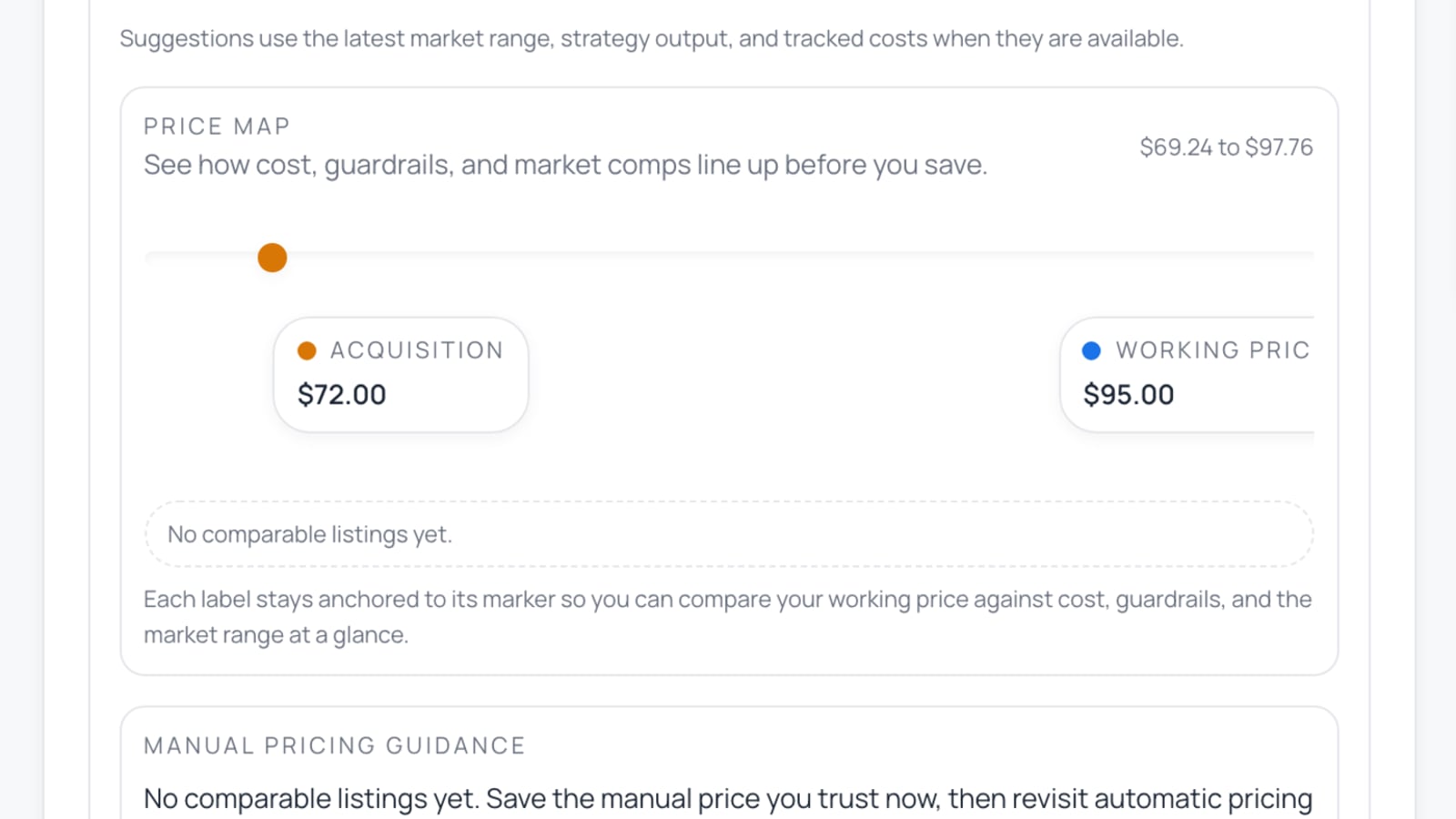A pricing view comparing an item's acquisition cost against its current working price