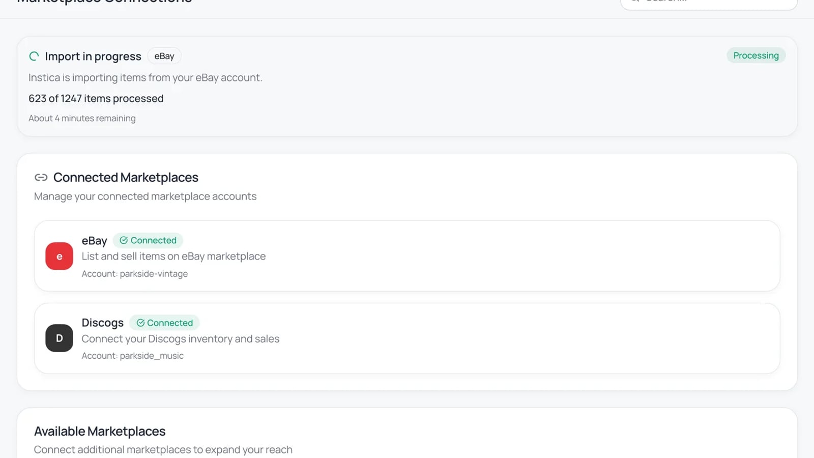 An import step pulling existing listings and products into a single inventory record