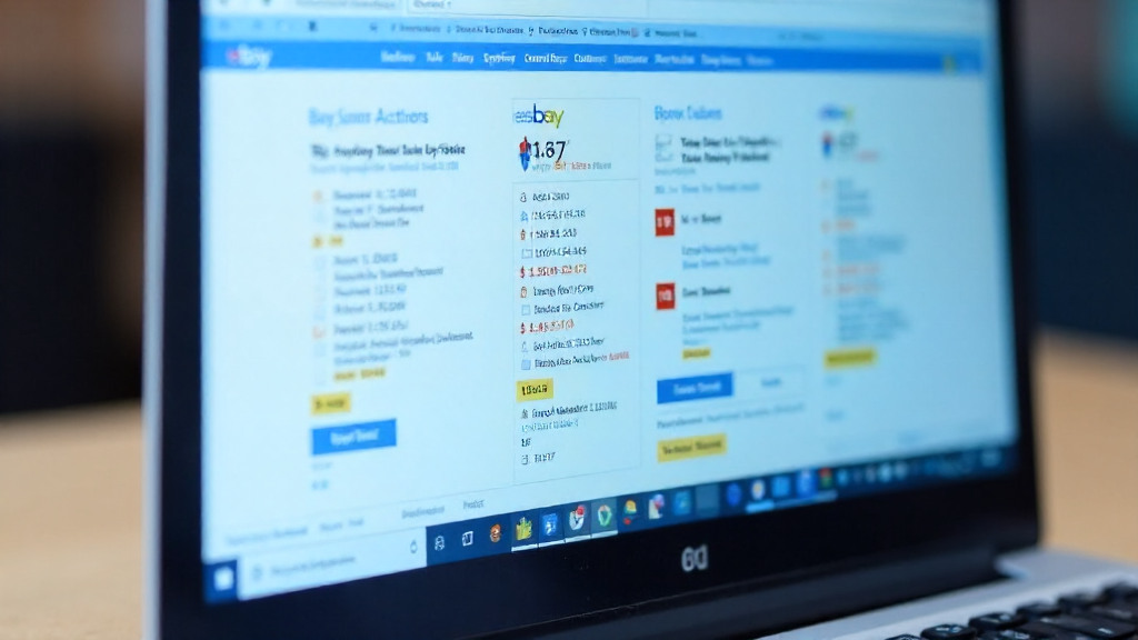 Close-up of laptop screen showing multiple eBay auction listings ending soon wit