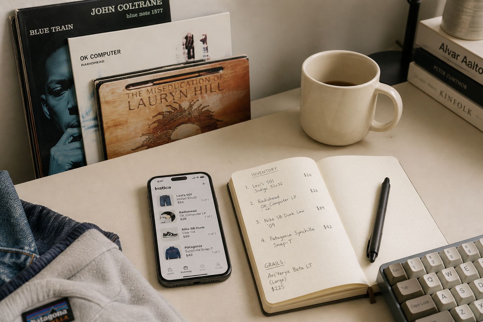 Operator desk setup — vinyl records, handwritten inventory notebook, iPhone Instica app, and a cup of coffee