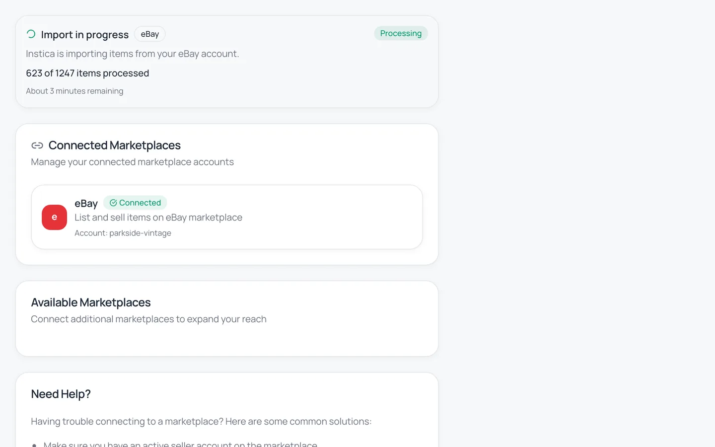 Instica two-pane sync view showing eBay and Shopify listings updating in real time