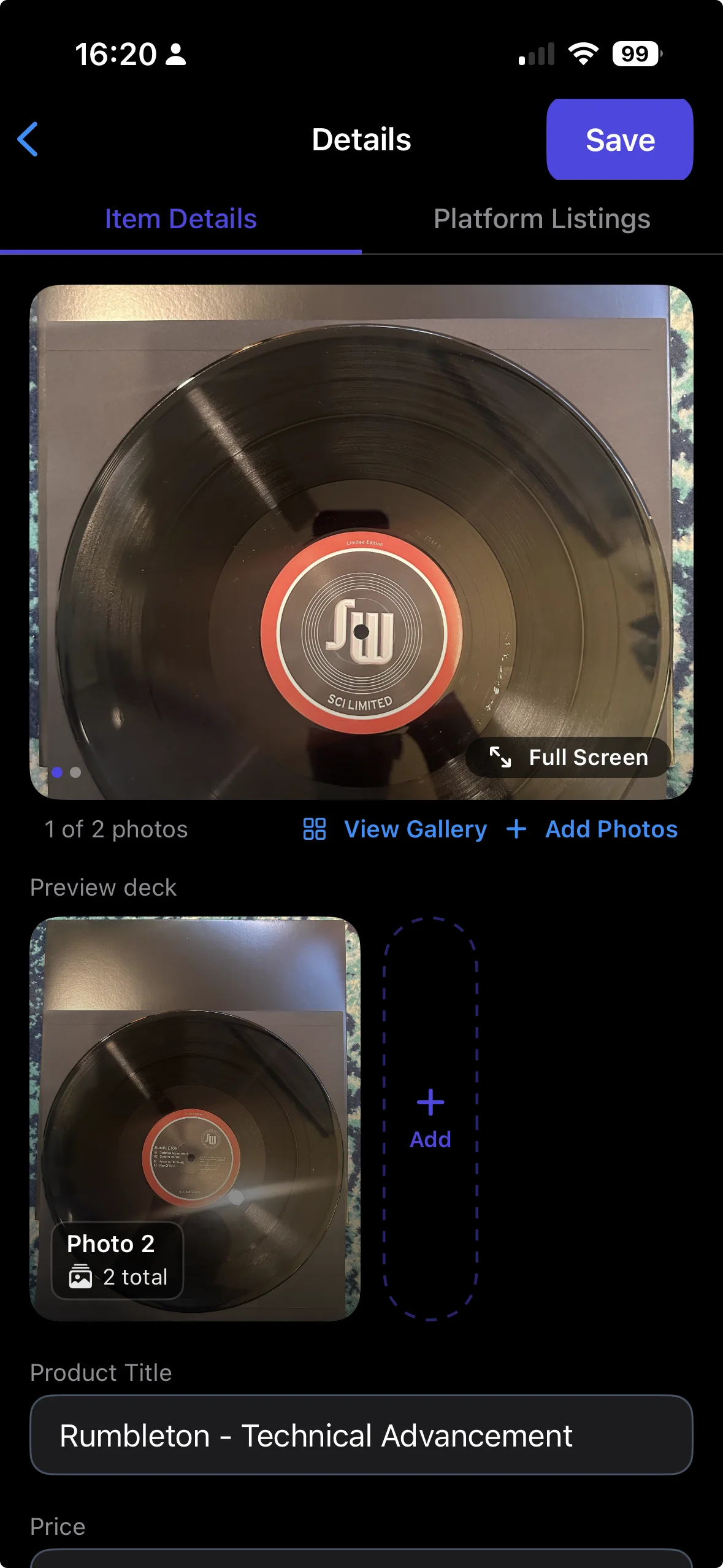 Instica mobile inventory detail showing item photos, price, cost basis, and listing status