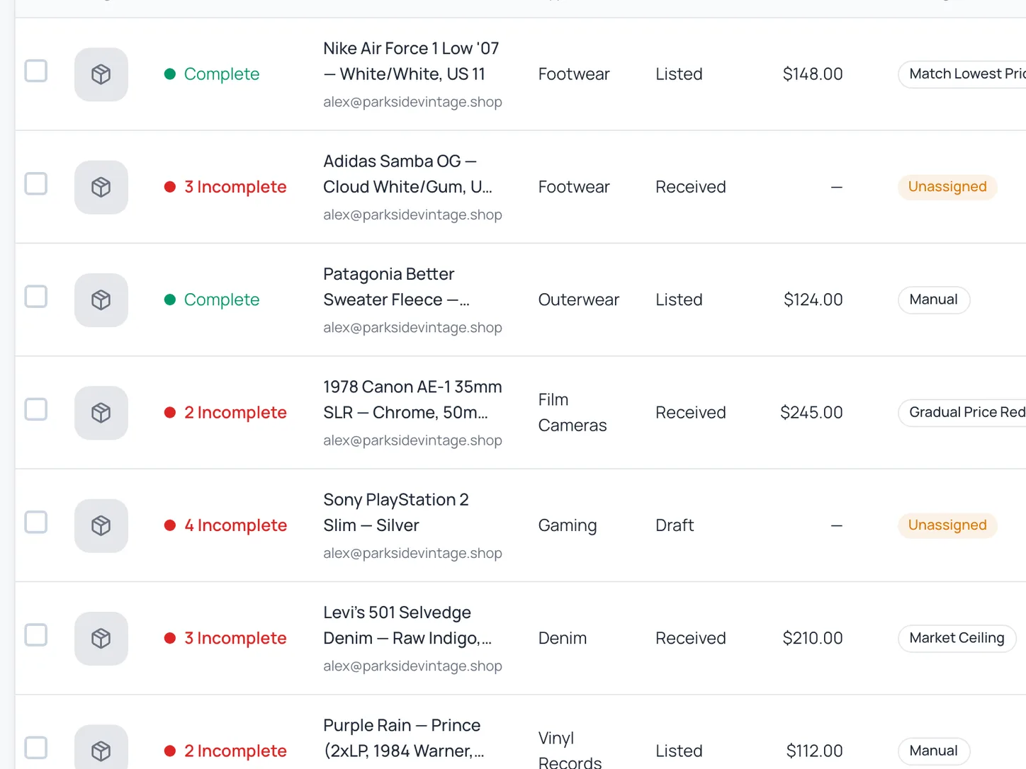 Instica inventory list showing items with incomplete sync status highlighted