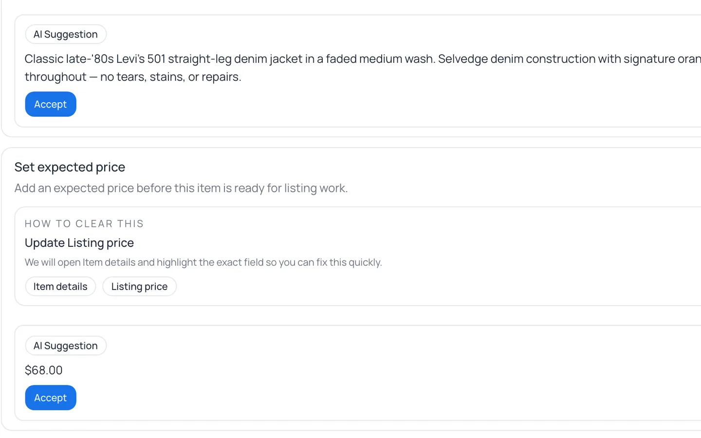 Instica AI listing draft showing extracted attributes, draft title, and one-click push to Discogs and Shopify