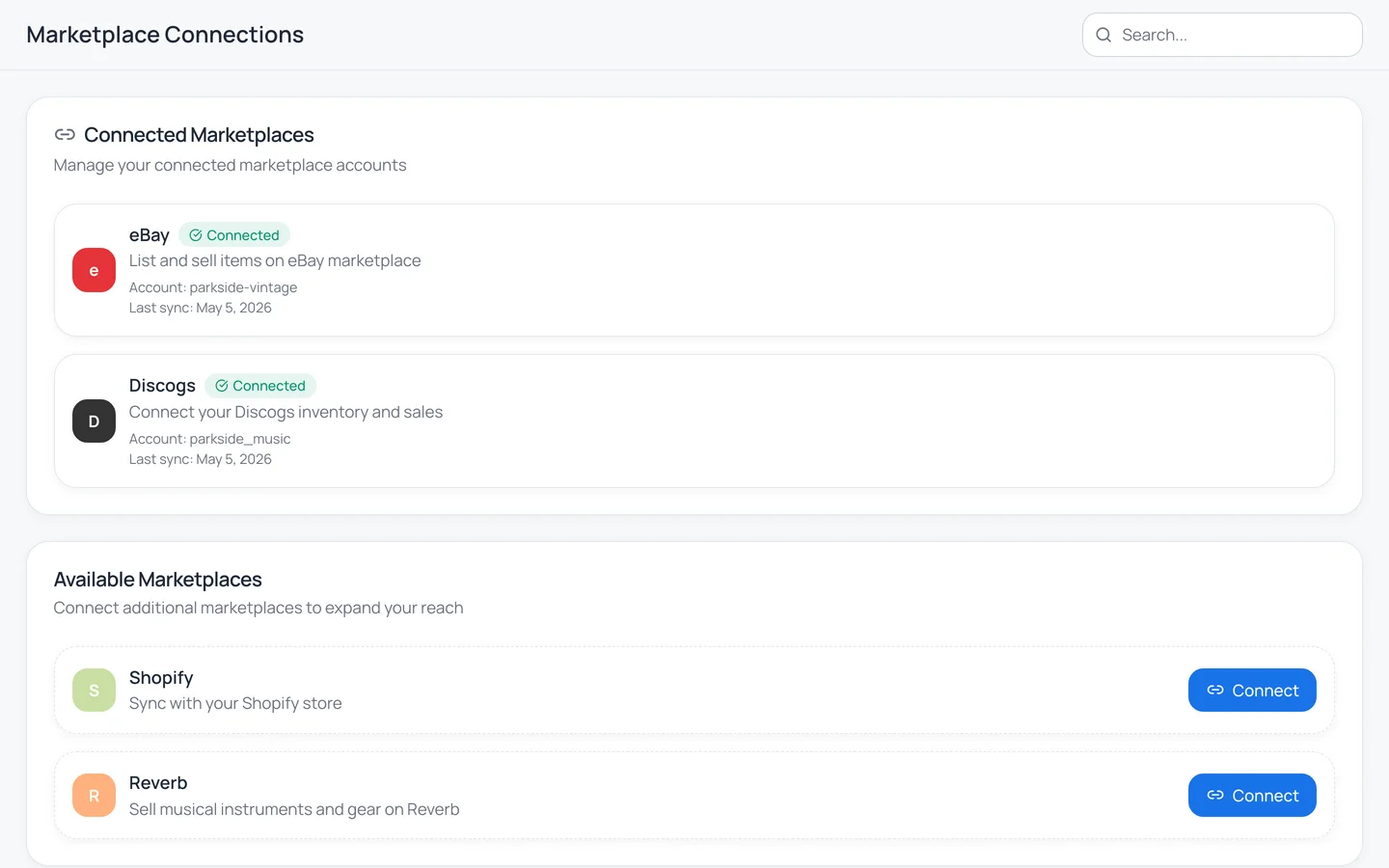 Instica connections settings — eBay and Discogs connected, Shopify and Reverb available to connect