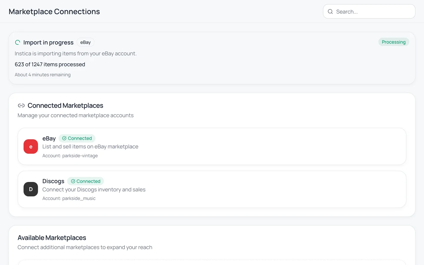 Instica eBay import in progress — 623 of 1247 items processed, about 3 minutes remaining